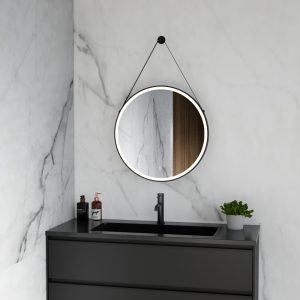 Ronde badkamerspiegel Tavi met ijzeren band mat zwart met verwarming, LED verlichting en touch sensor 60x60cm