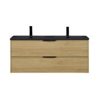 Badkamermeubel Vesani 120cm licht walnoot inclusief dubbele wastafel mat zwart met twee kraangaten