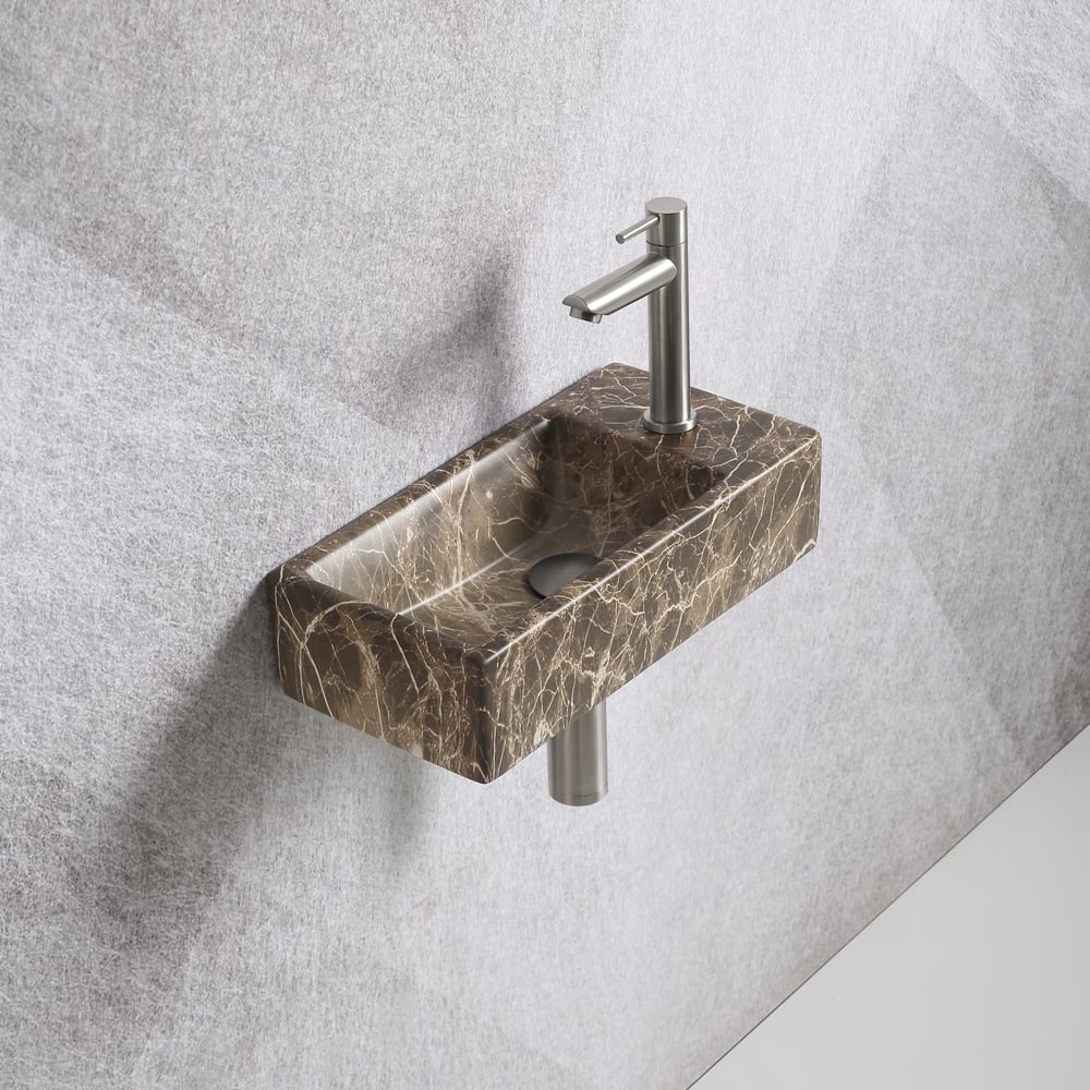Fonteinset Mia 40.5x20x10.5cm marmerlook bruin rechts inclusief fontein sifon en afvoerplug RVS - Voordelig Design Sanitair
