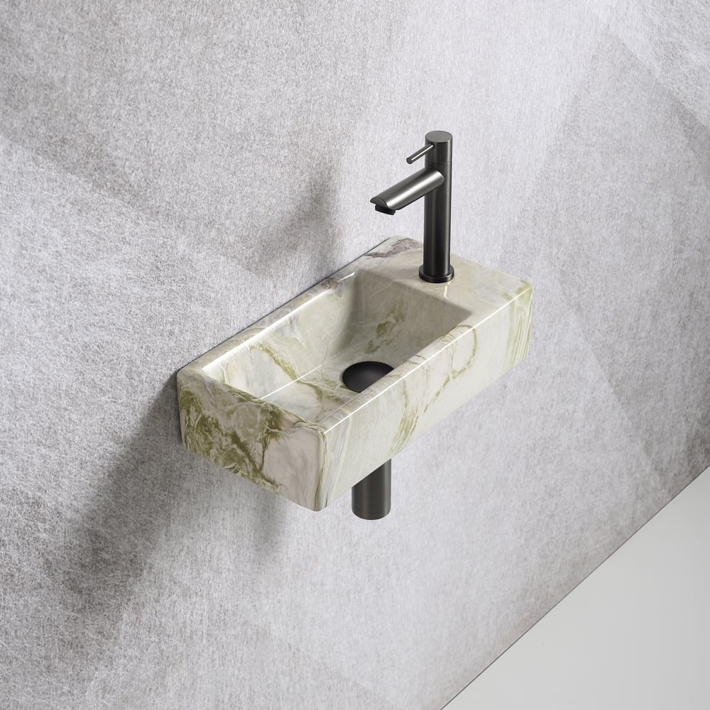 Fonteinset 40.5x20x10.5cm marmerlook wit groen rechts inclusief fontein kraan, sifon en afvoerplug metal - Voordelig Design Sanitair