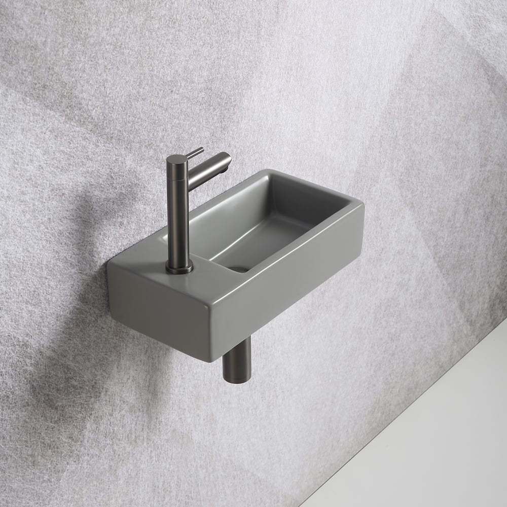 vaardigheid Slaapzaal Correspondentie Fonteinset Mia 40.5x20x10.5cm mat grijs links inclusief fontein kraan,  sifon en afvoerplug gun metal - Voordelig Design Sanitair