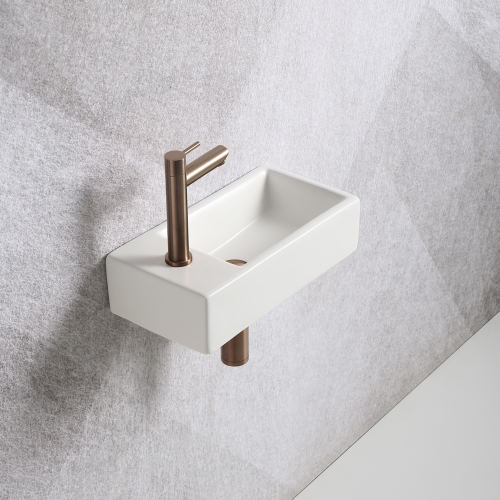 Ru Steen achterzijde Fonteinset Mia 40.5x20x10.5cm mat wit links inclusief fontein kraan, sifon  en afvoerplug copper - Voordelig Design Sanitair