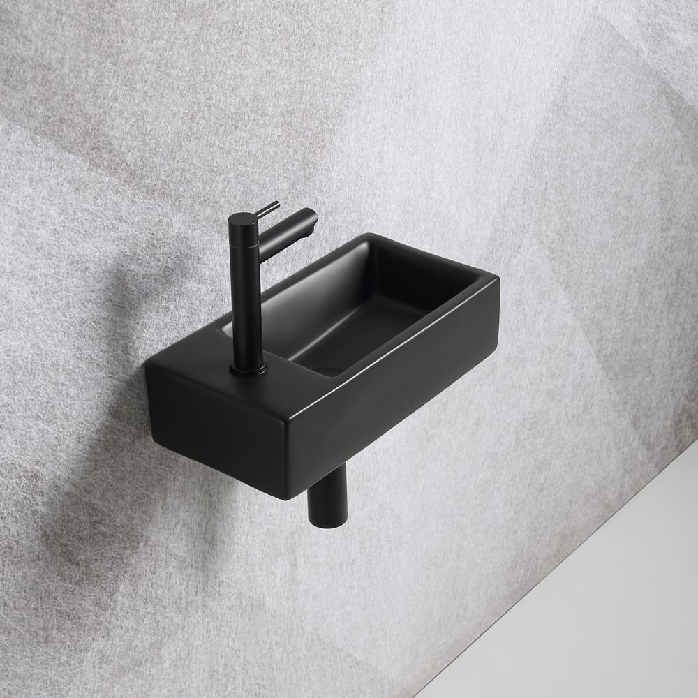 Fonteinset Mia 40.5x20x10.5cm mat zwart inclusief fontein kraan, sifon en afvoerplug mat zwart - Voordelig Design Sanitair