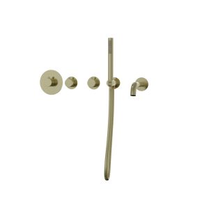 Thermostatische inbouw badkraan mat goud drie-knops bediening complete set