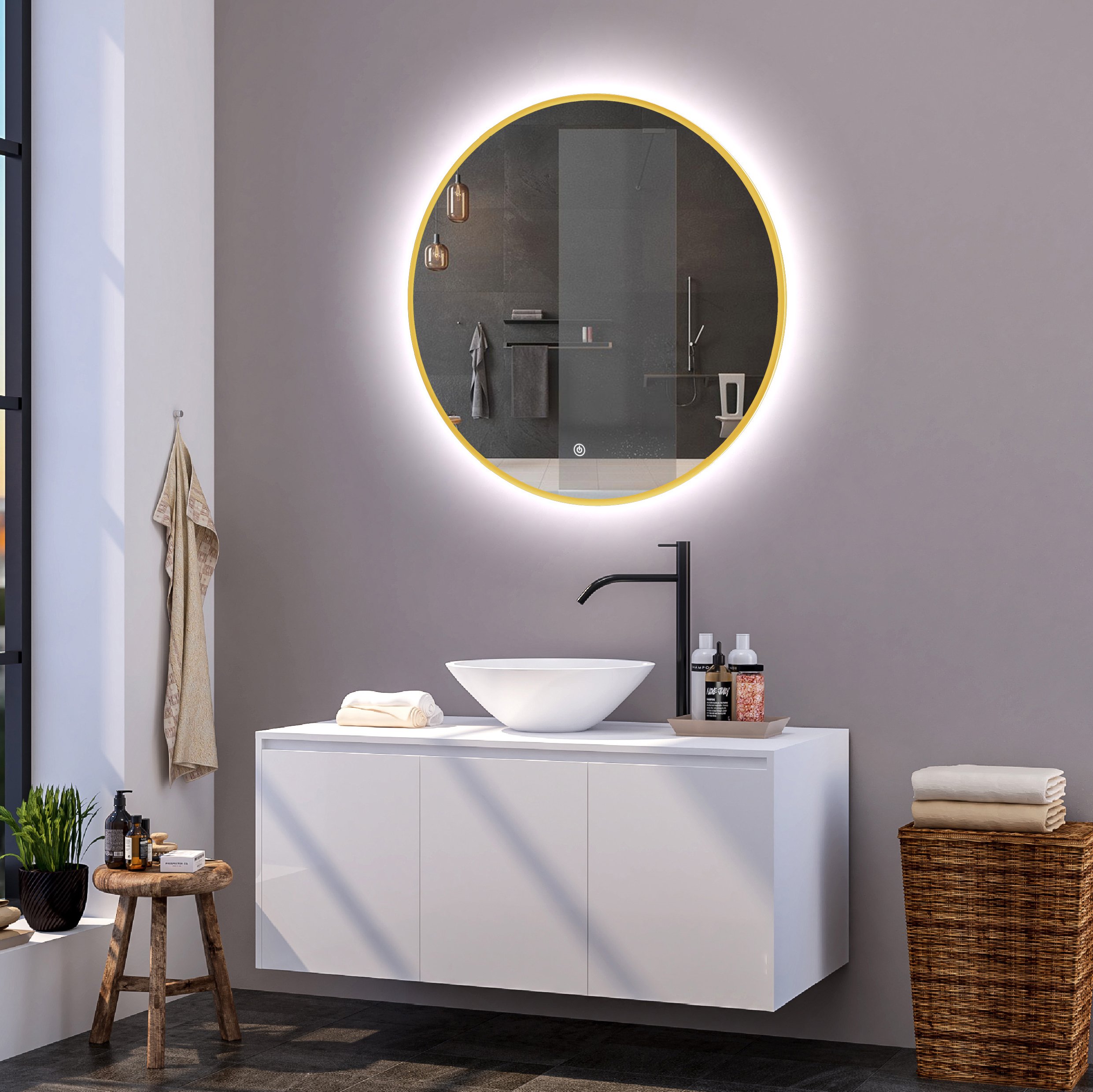 Ronde badkamerspiegel Mauri goud met verwarming, LED verlichting en touch sensor - Voordelig Design