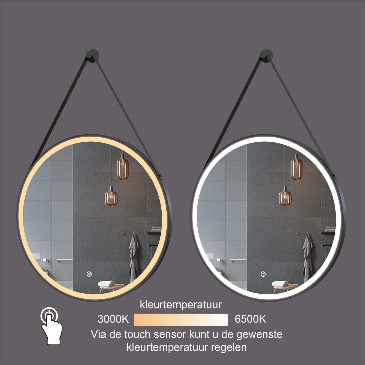 Ronde badkamerspiegel Tavi met ijzeren band mat zwart met verwarming, LED verlichting en touch