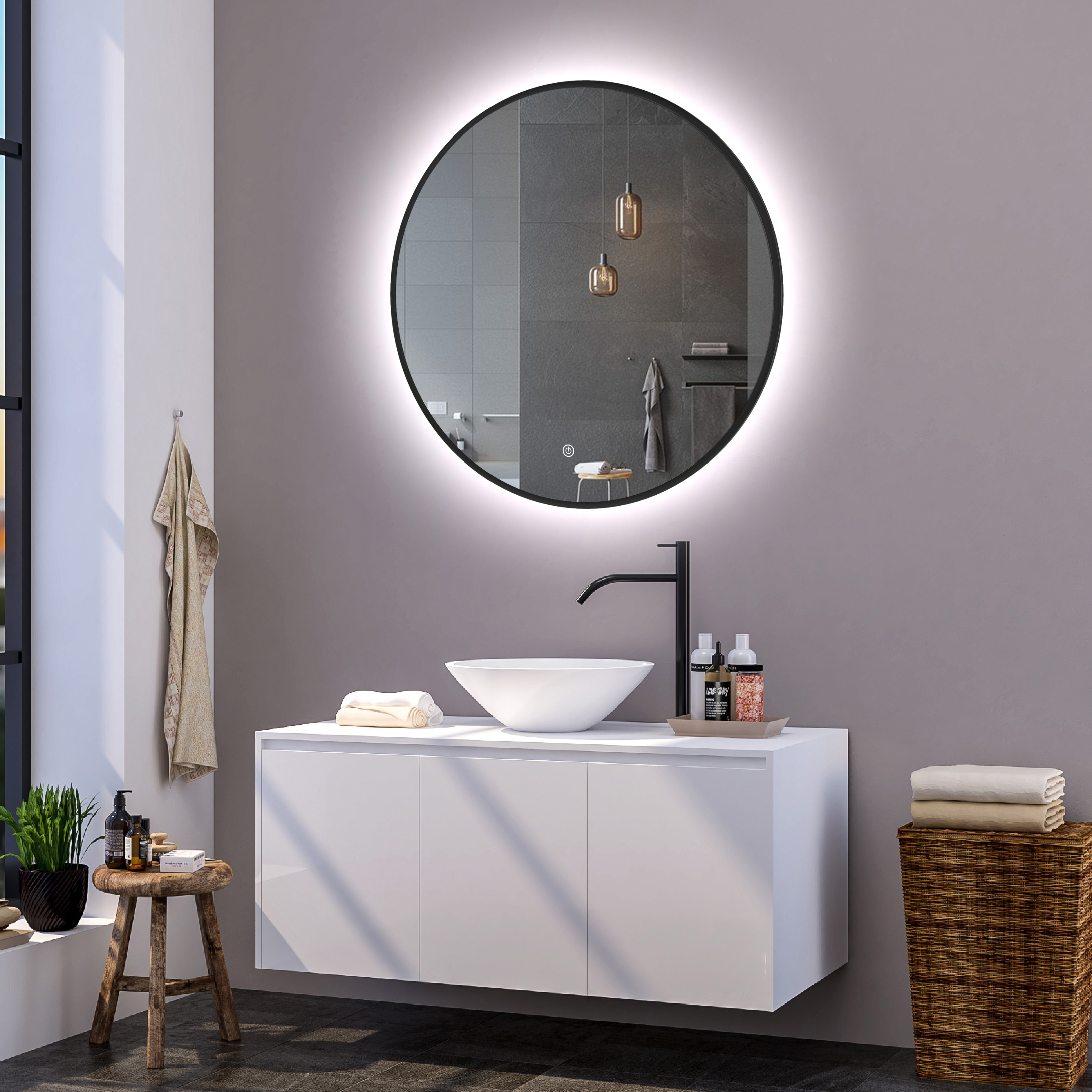 Ronde badkamerspiegel mat zwart met verwarming, LED verlichting en touch sensor 100x100cm - Voordelig Design Sanitair