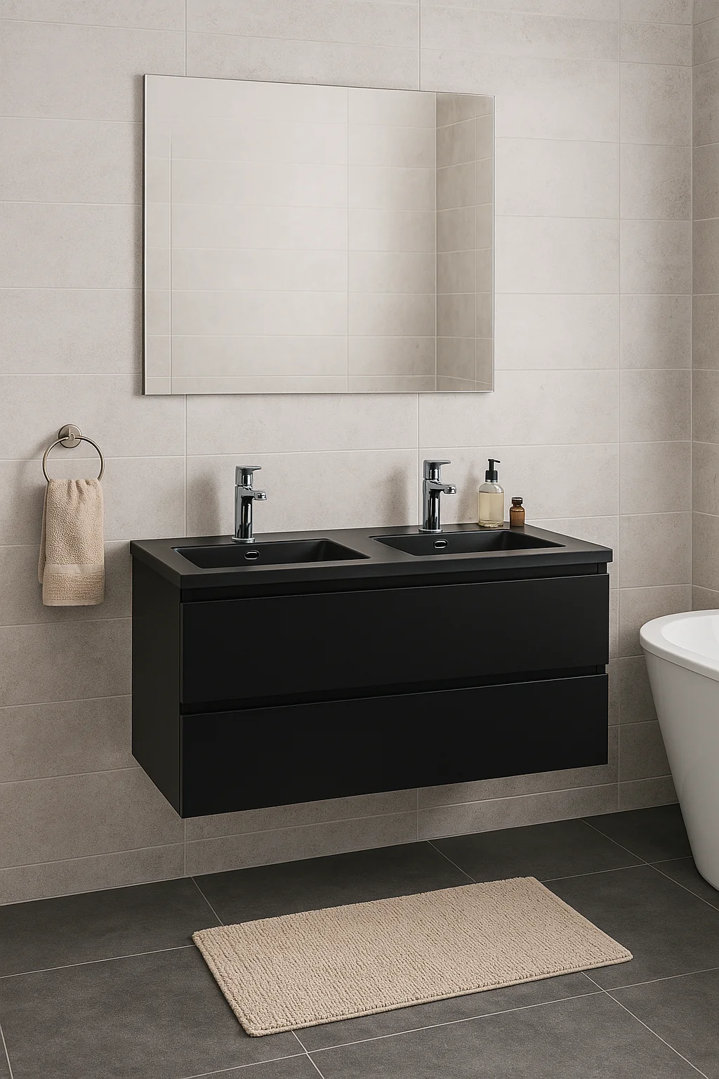 Zwart badkamermeubel in lichte warme badkamer