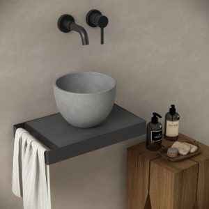 Toiletmeubel frame zwart plateau eiken zwart voor waskom met handoekbeugel Berdine 36x22.5x5cm links