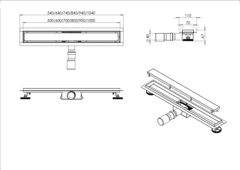Mat goud RVS Douchegoot compleet met flens 80x7x6,7cm Tegelrooster